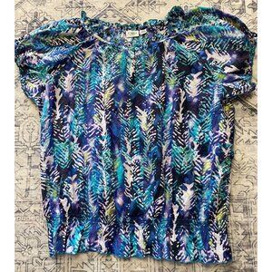 Cato Woman 18/20W Peasant Blouse 100% Cotton Short Sleeve Blue Teal Boho Ruffle